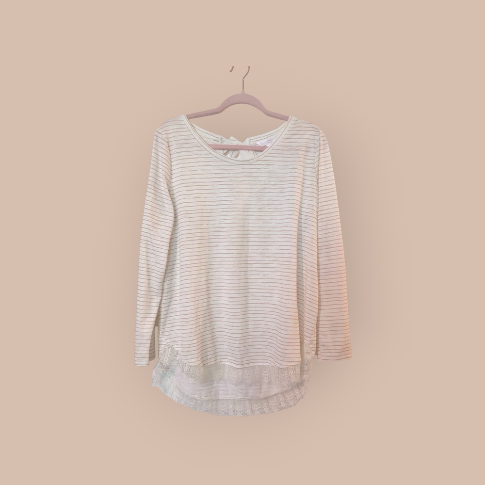 Lauren Conrad Cream Striped Top with Lace Hem